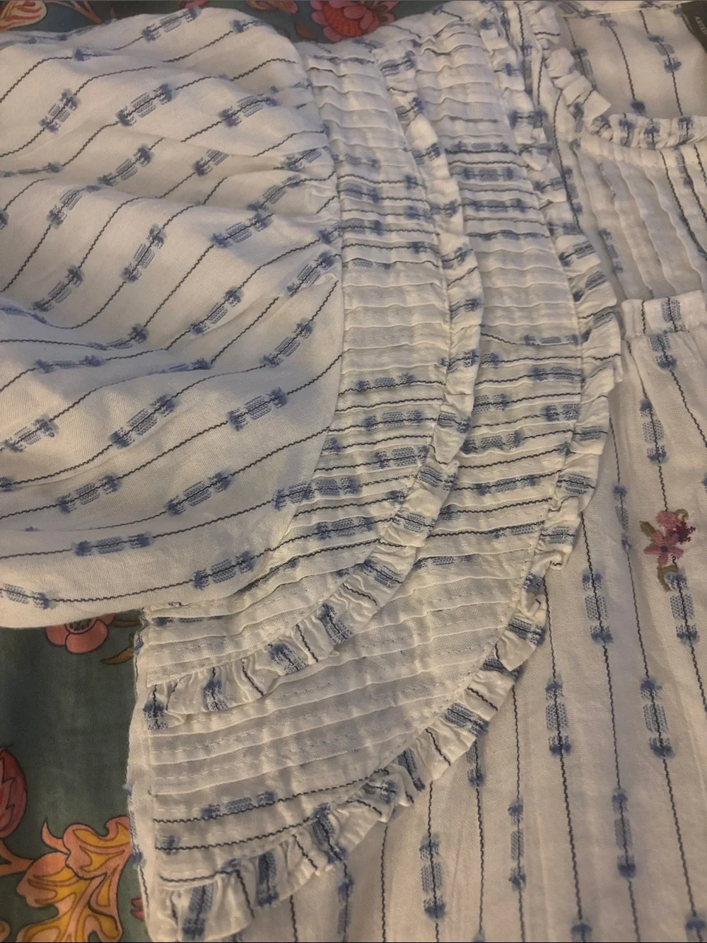 Anthropologie White top with Blue Stripe and Small Floral Embroidery